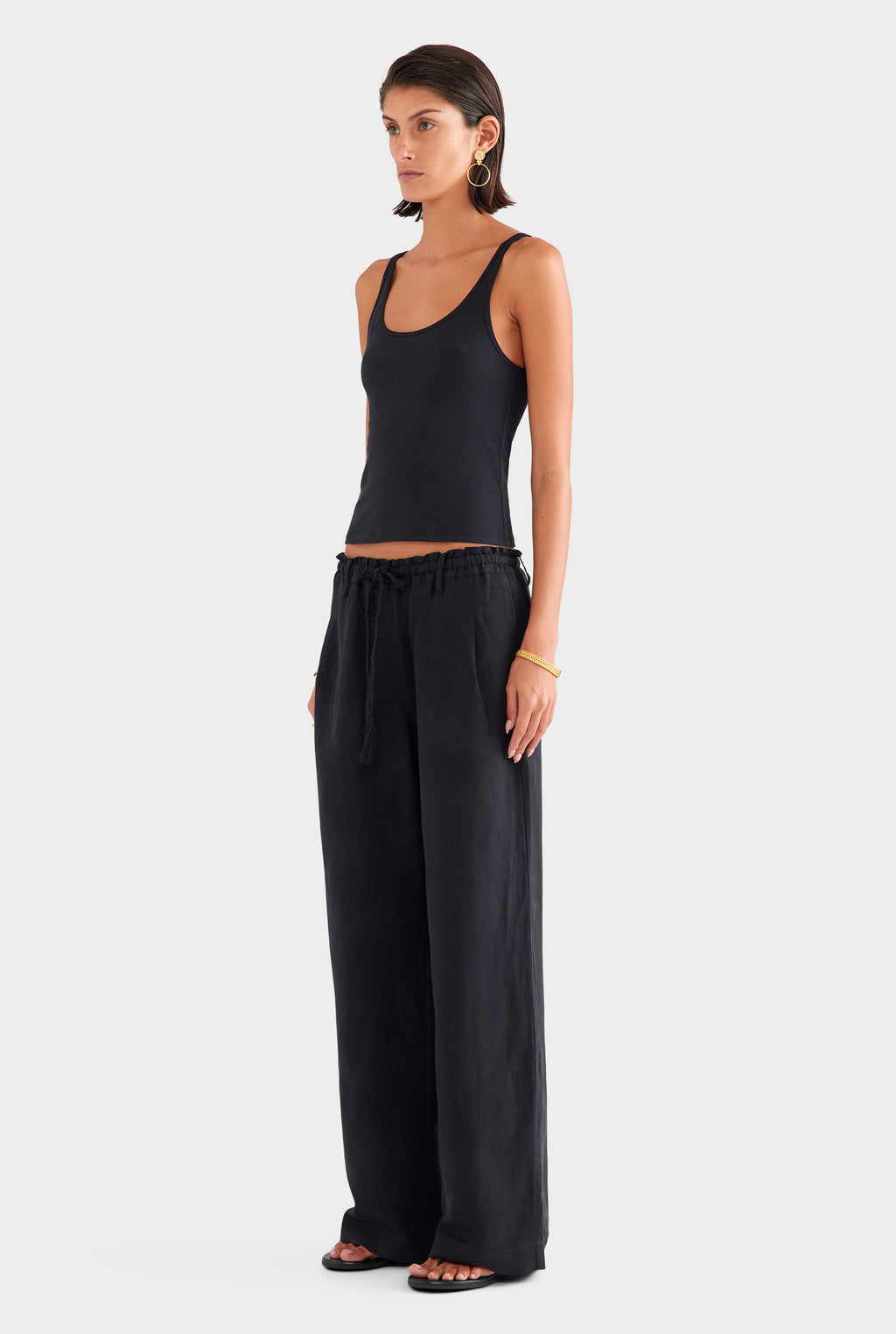 Silk Linen Relaxed Pleat Front Pant - Black