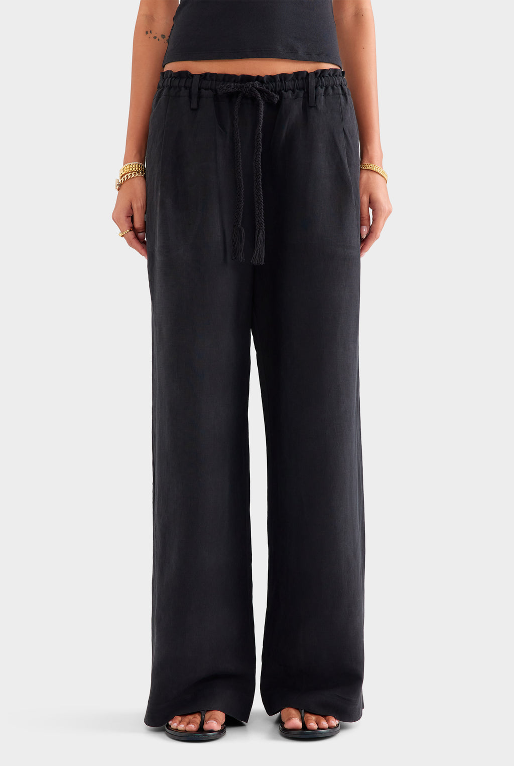 Silk Linen Relaxed Pleat Front Pant - Black