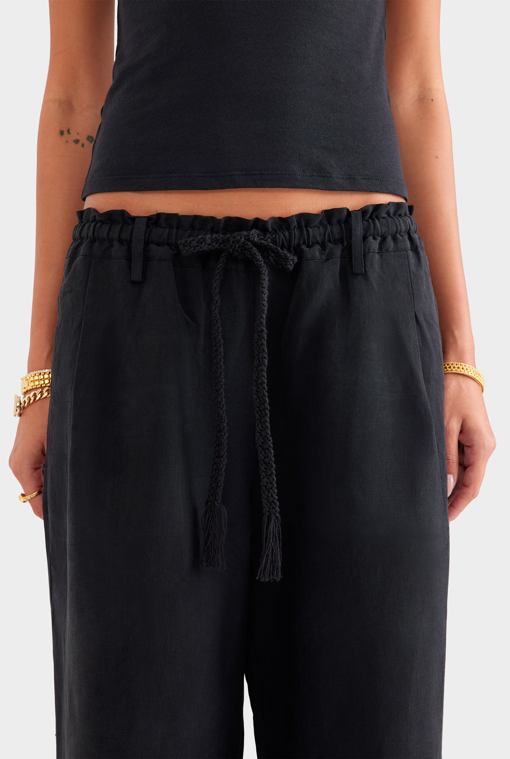 Silk Linen Relaxed Pleat Front Pant - Black