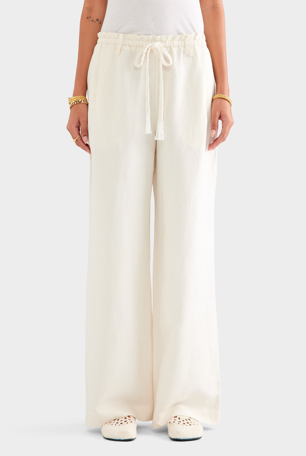 Silk Linen Relaxed Pleat Front Pant - Cream