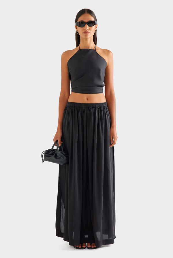 Silk Linen Maxi Skirt - Black