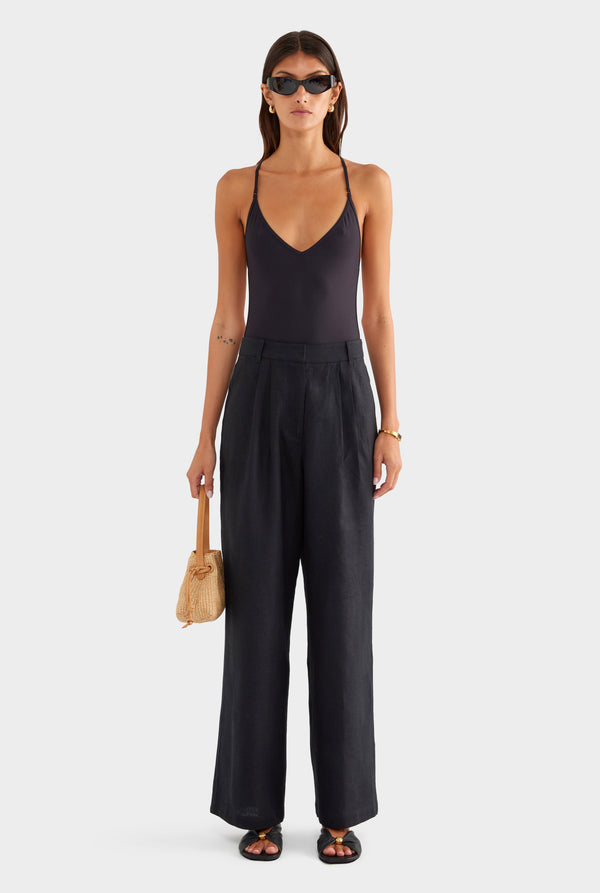 Fixed Waist Linen Trouser - Black