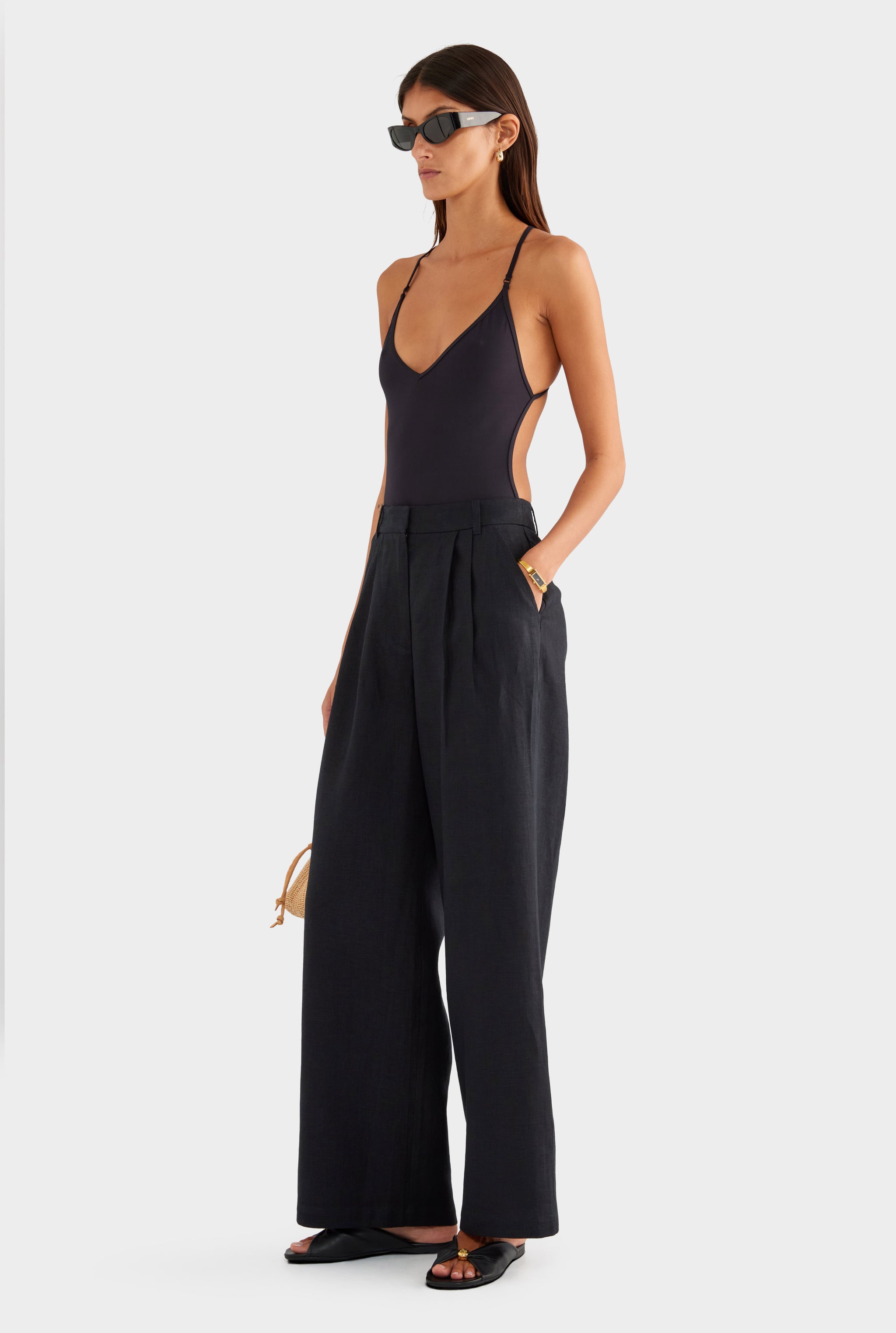 Fixed Waist Linen Trouser - Black