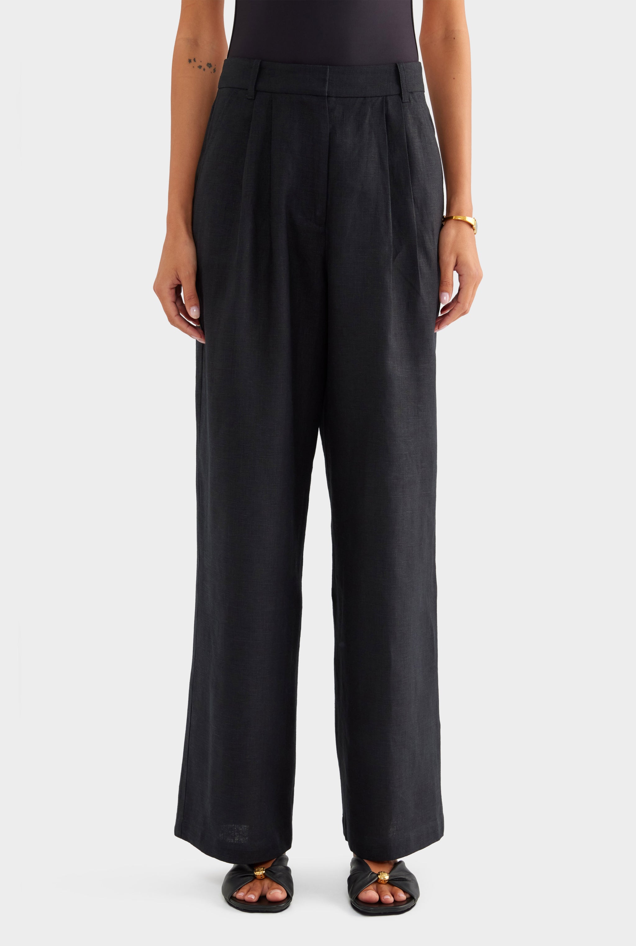Fixed Waist Linen Trouser - Black