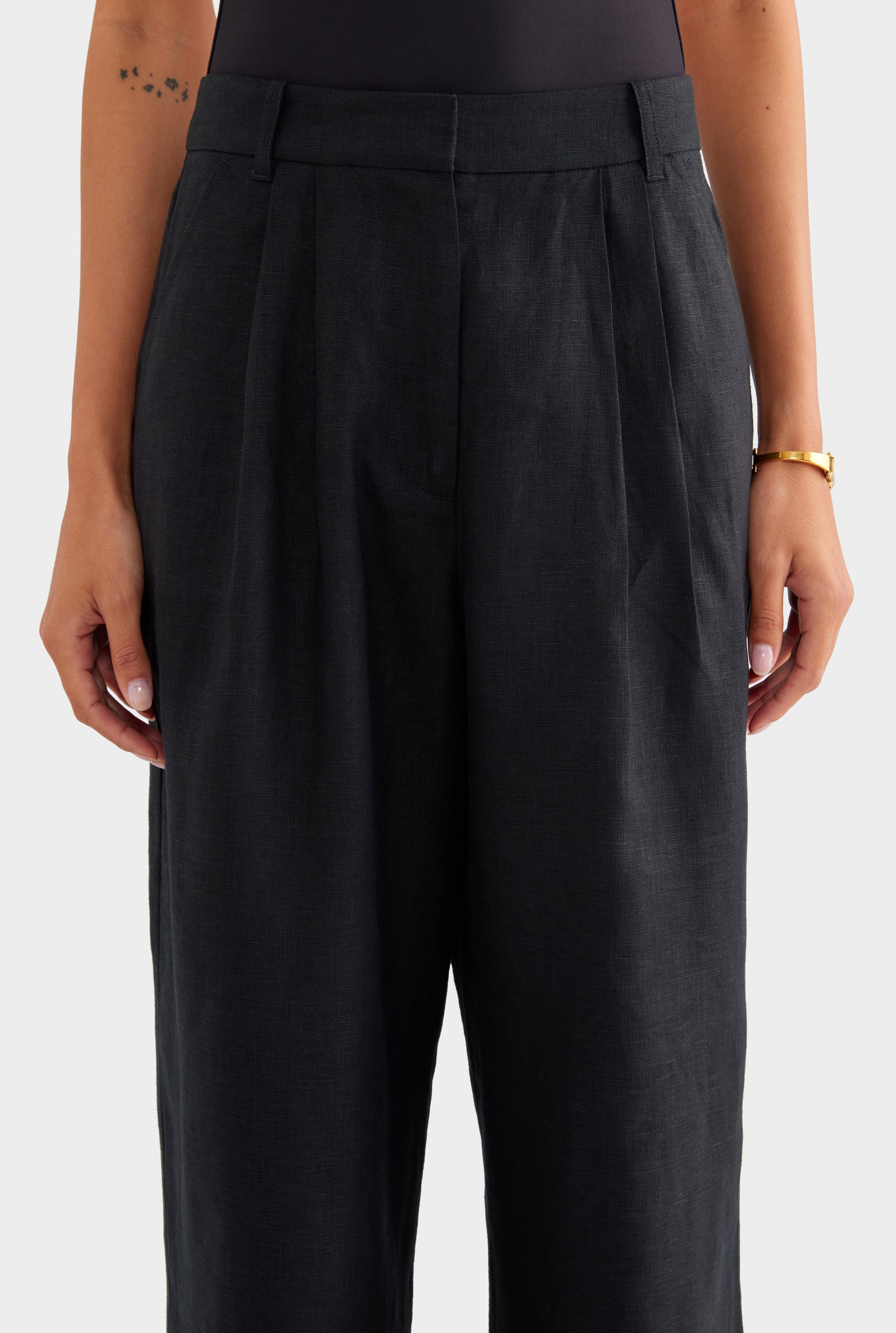 Fixed Waist Linen Trouser - Black