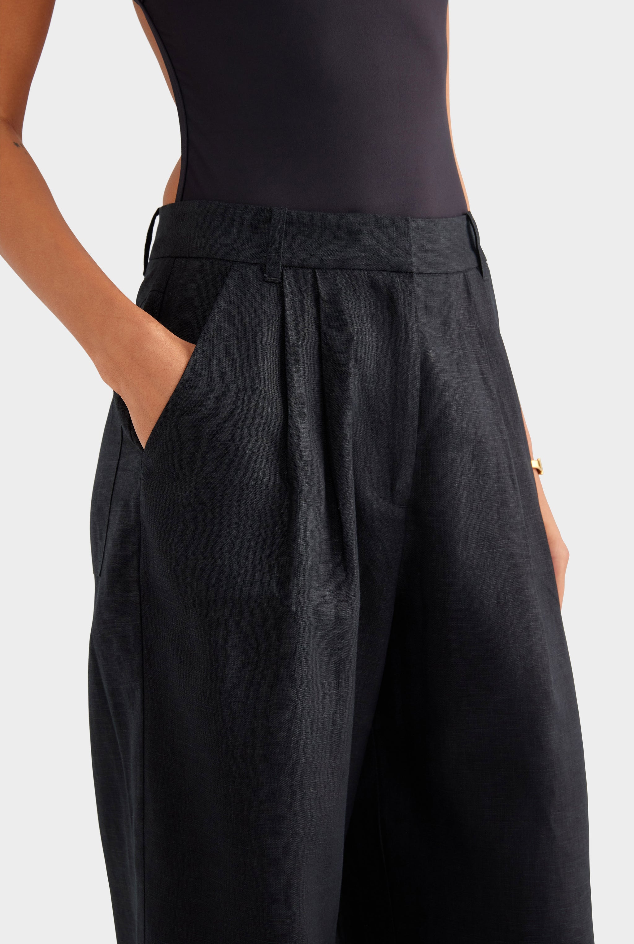 Fixed Waist Linen Trouser - Black