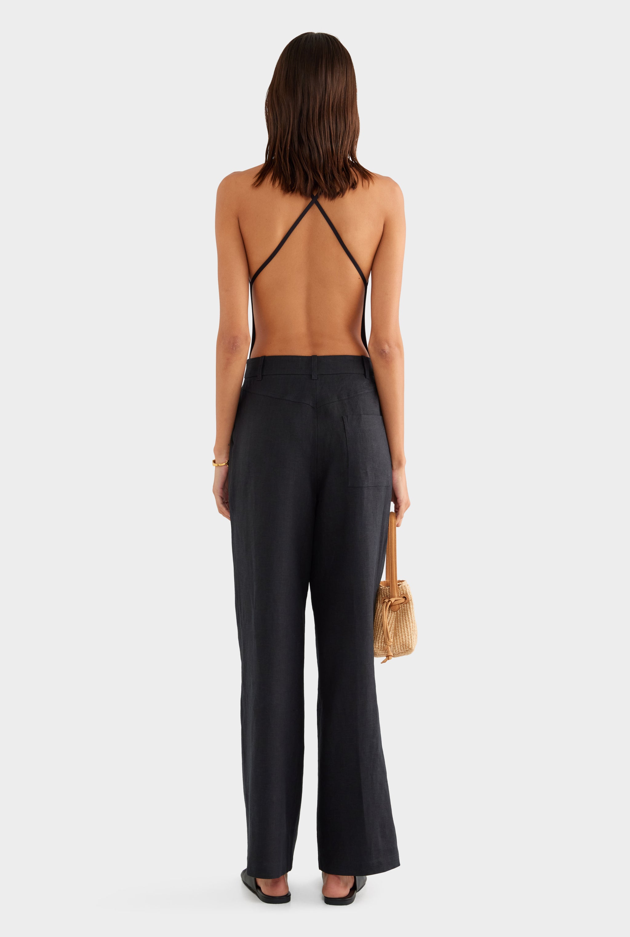 Fixed Waist Linen Trouser - Black