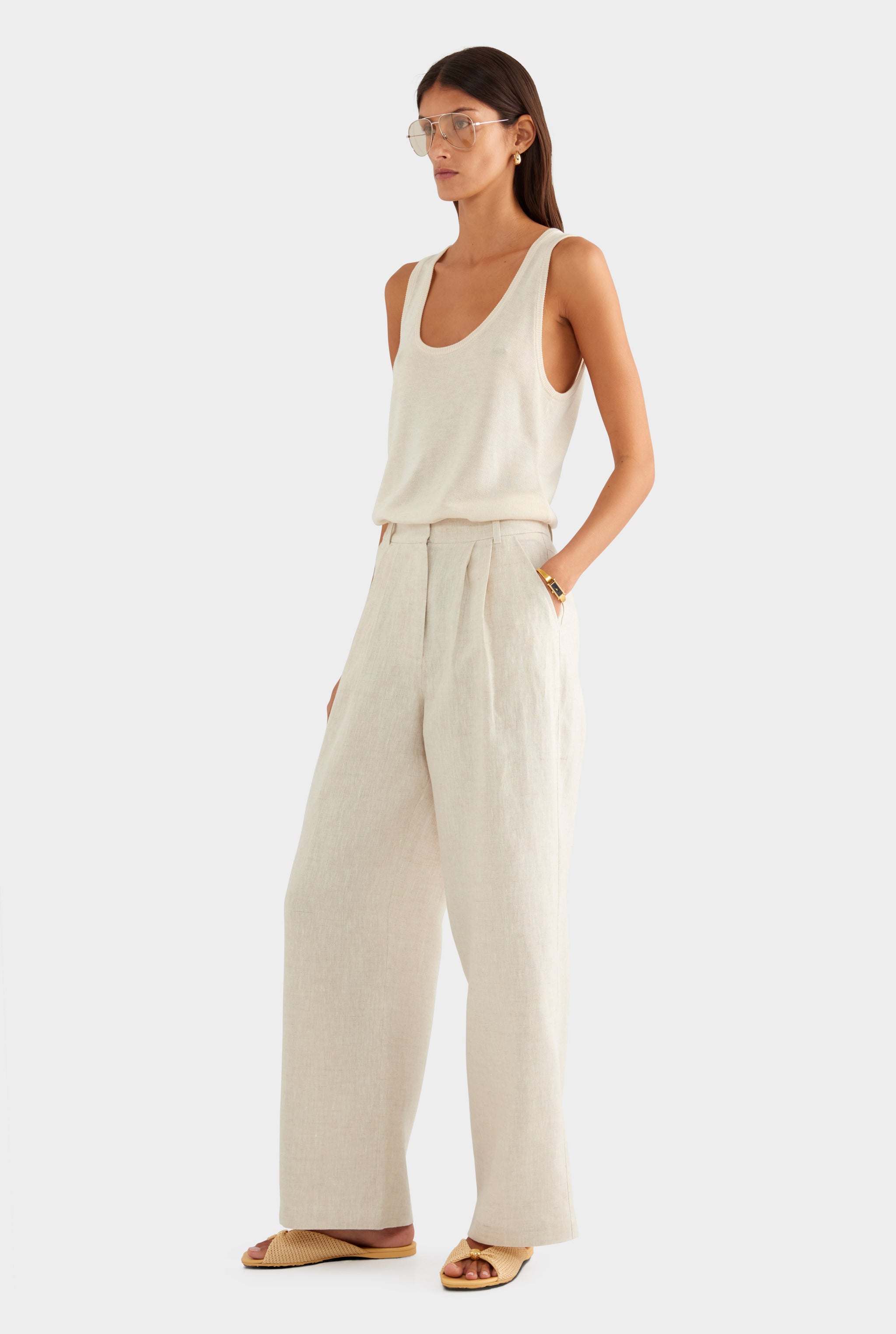 Fixed Waist Linen Trouser - Sand