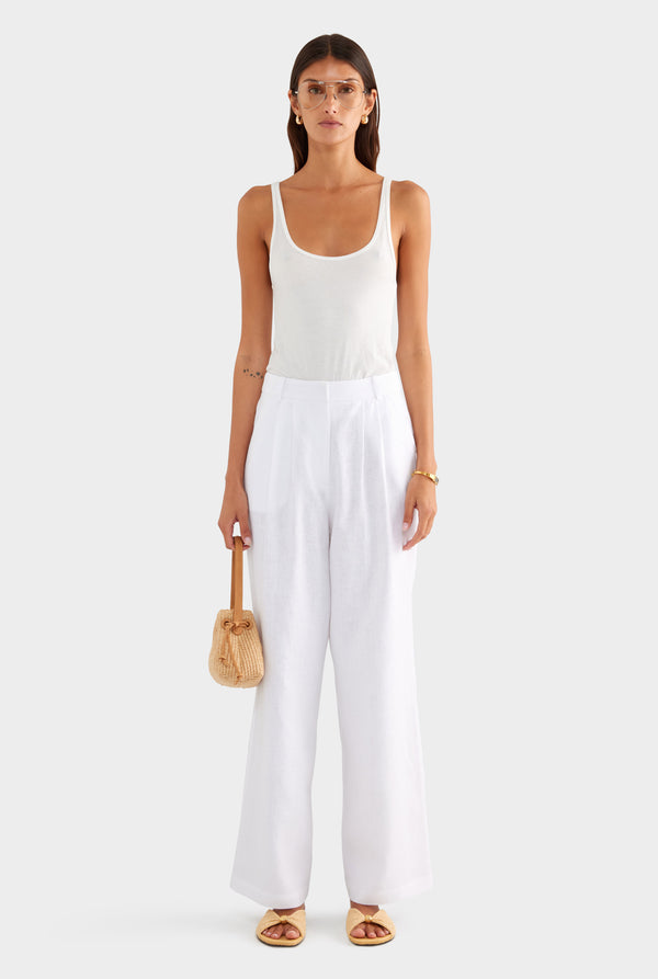 Fixed Waist Linen Trouser - White