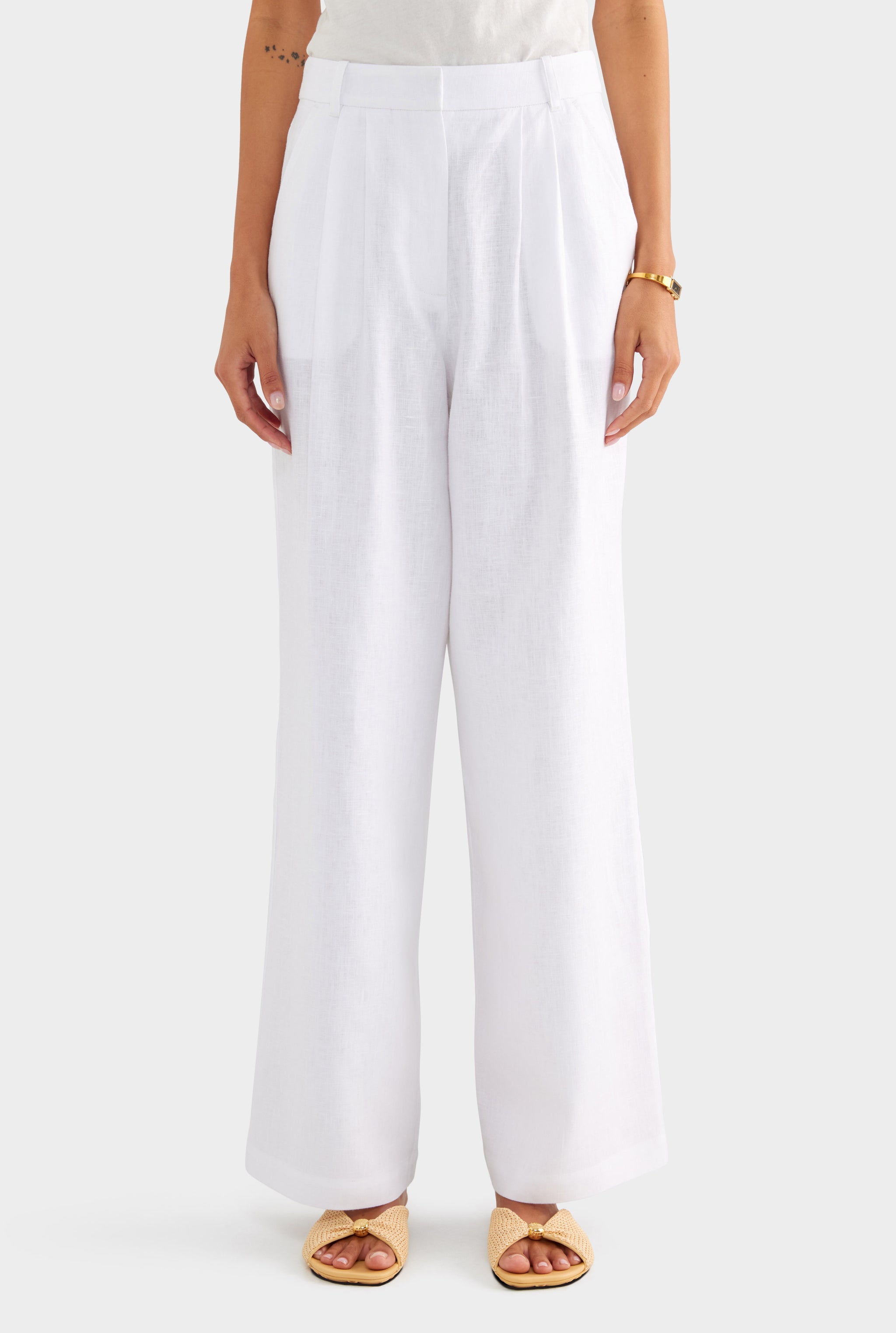 Fixed Waist Linen Trouser - White