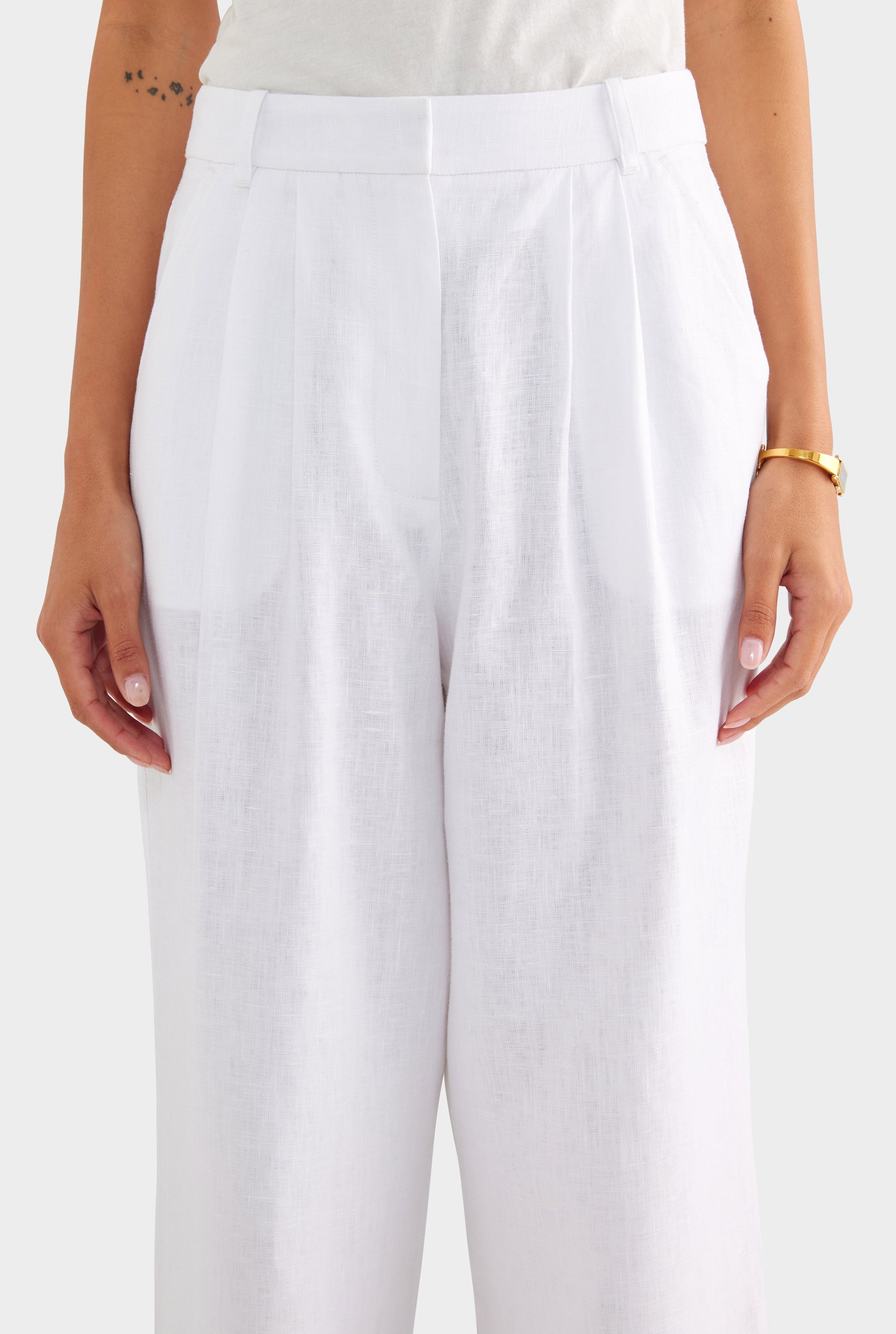 Fixed Waist Linen Trouser - White