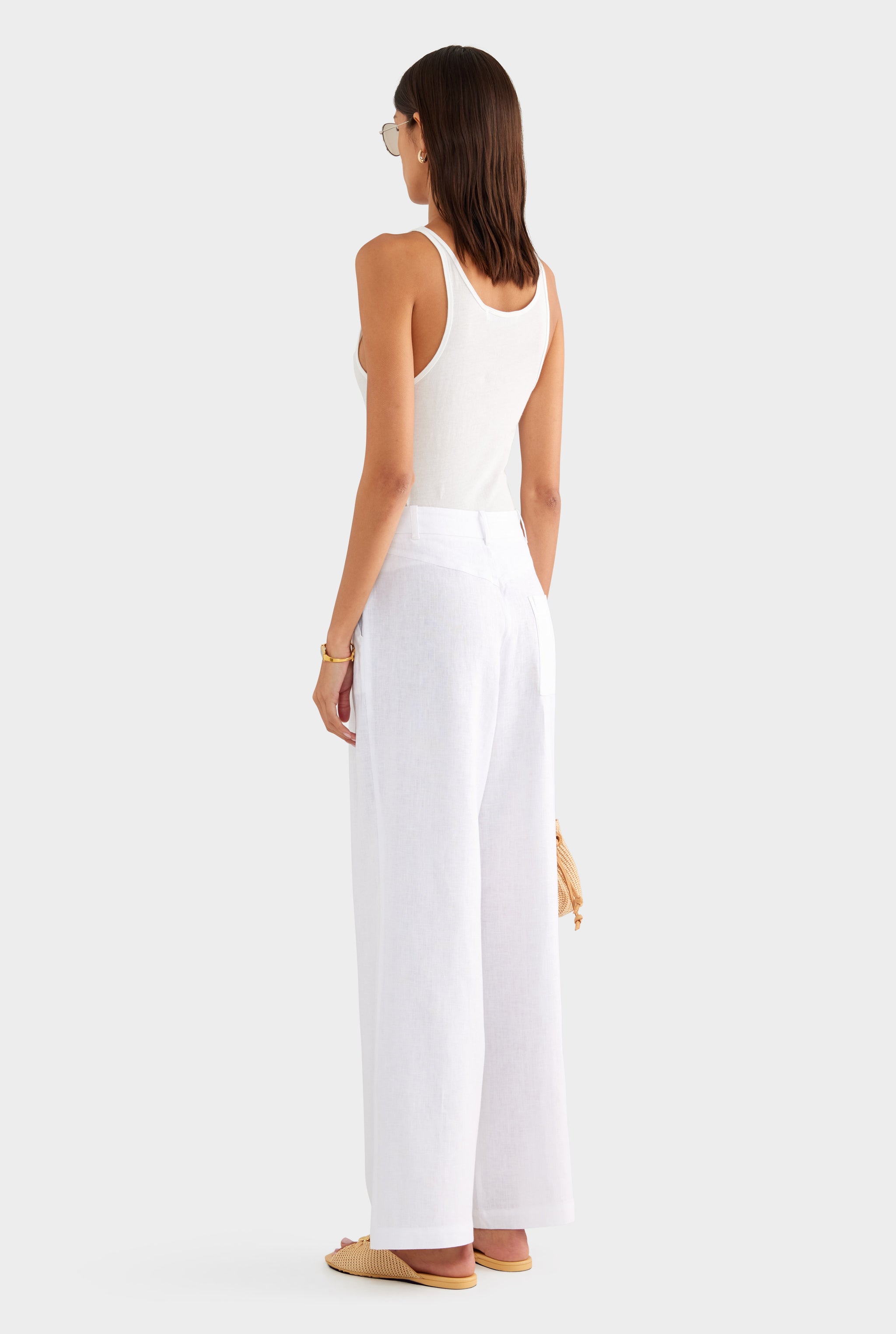 Fixed Waist Linen Trouser - White