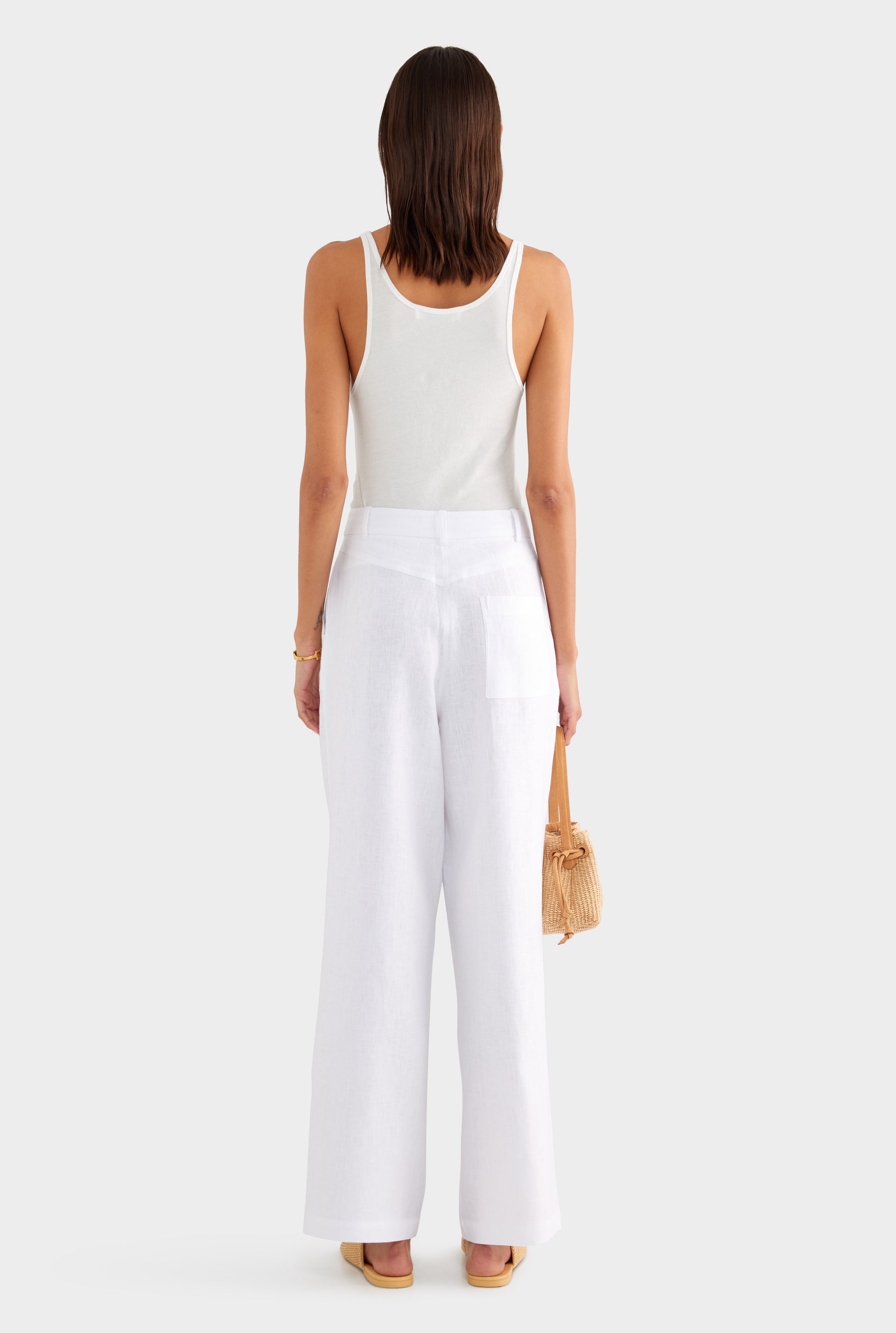 Fixed Waist Linen Trouser - White