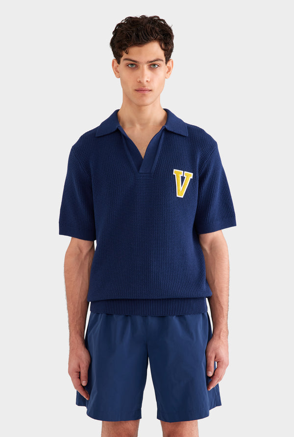 Relaxed Cotton Knit Open Neck Polo - Navy Blue