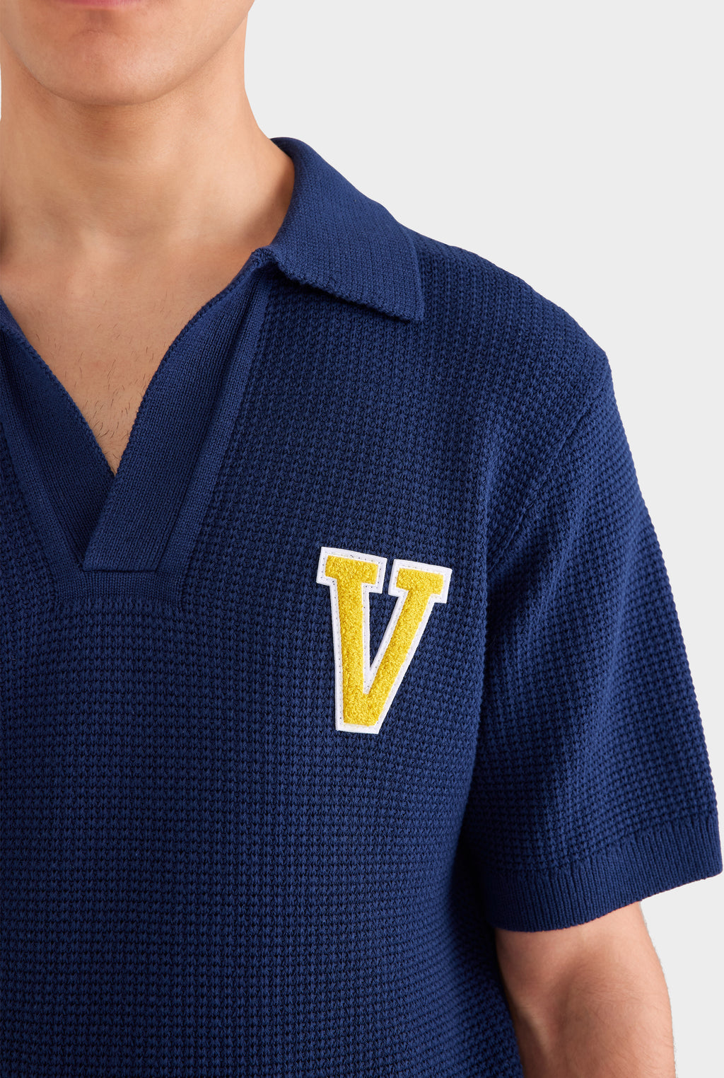 Relaxed Cotton Knit Open Neck Polo - Navy Blue