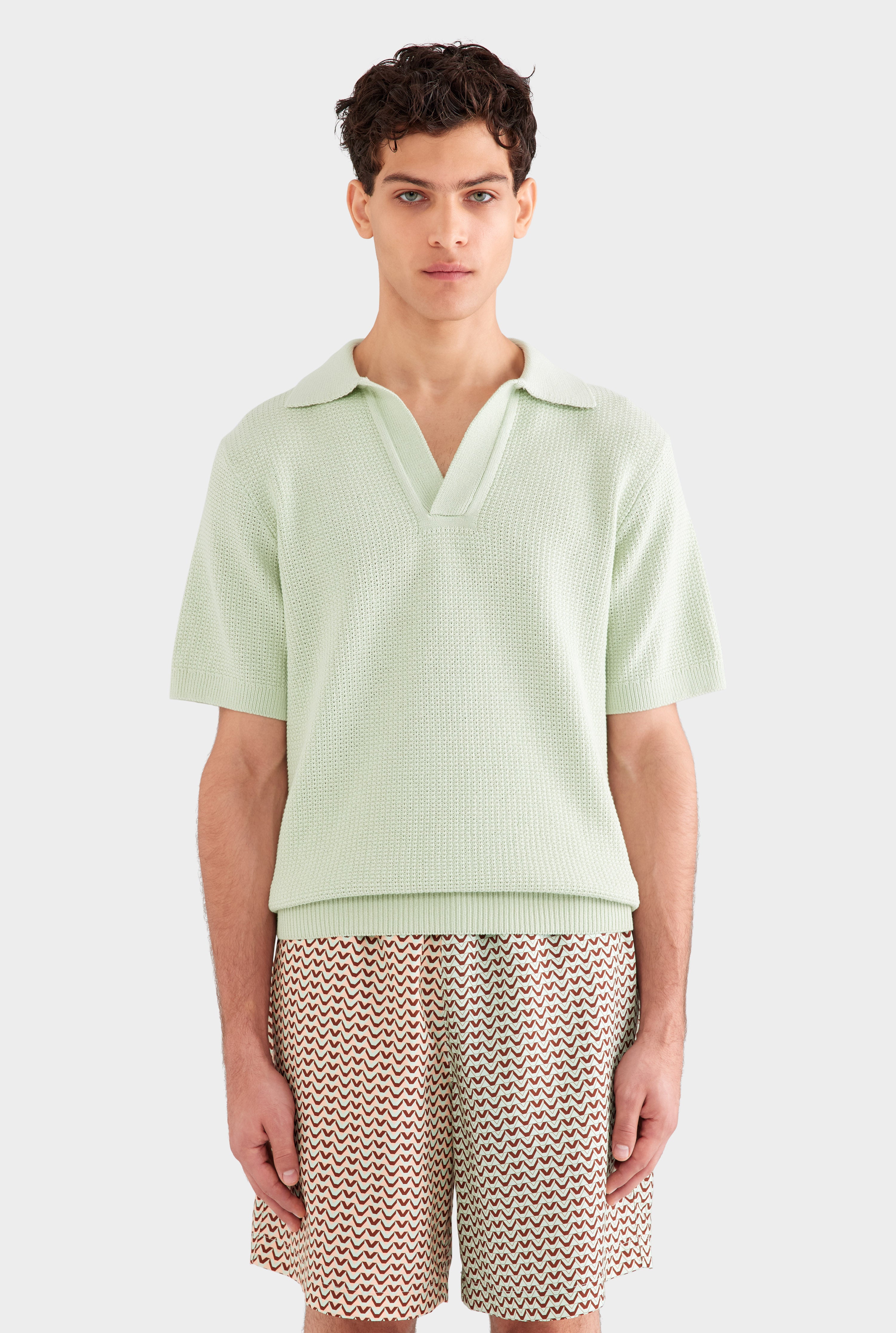 トップス genizawa / See-through Cotton Knit Polo Mens Relaxed Cotton Knit Open Neck Polo in Pale Aqua | Venroy – VENROY