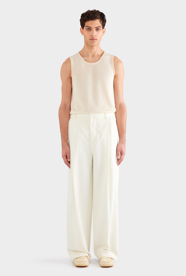 Relaxed Pleated Cotton Twill Trouser - Cream