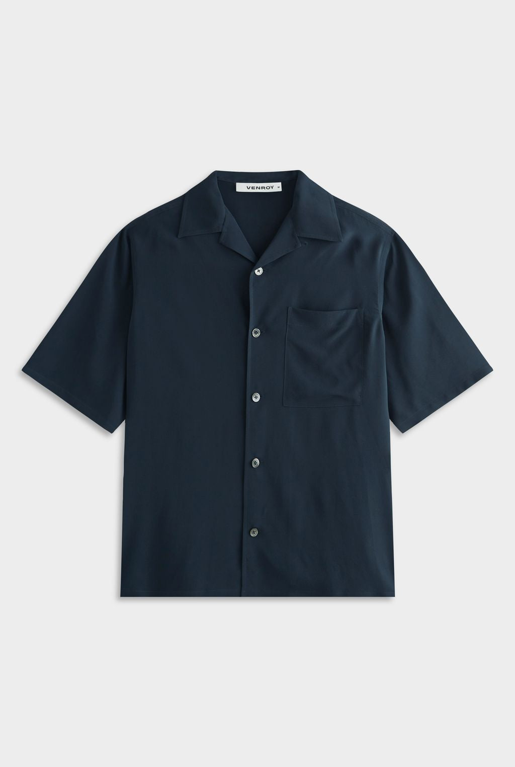Oversized Relaxed Silk Short Sleeve Shirt - Navy