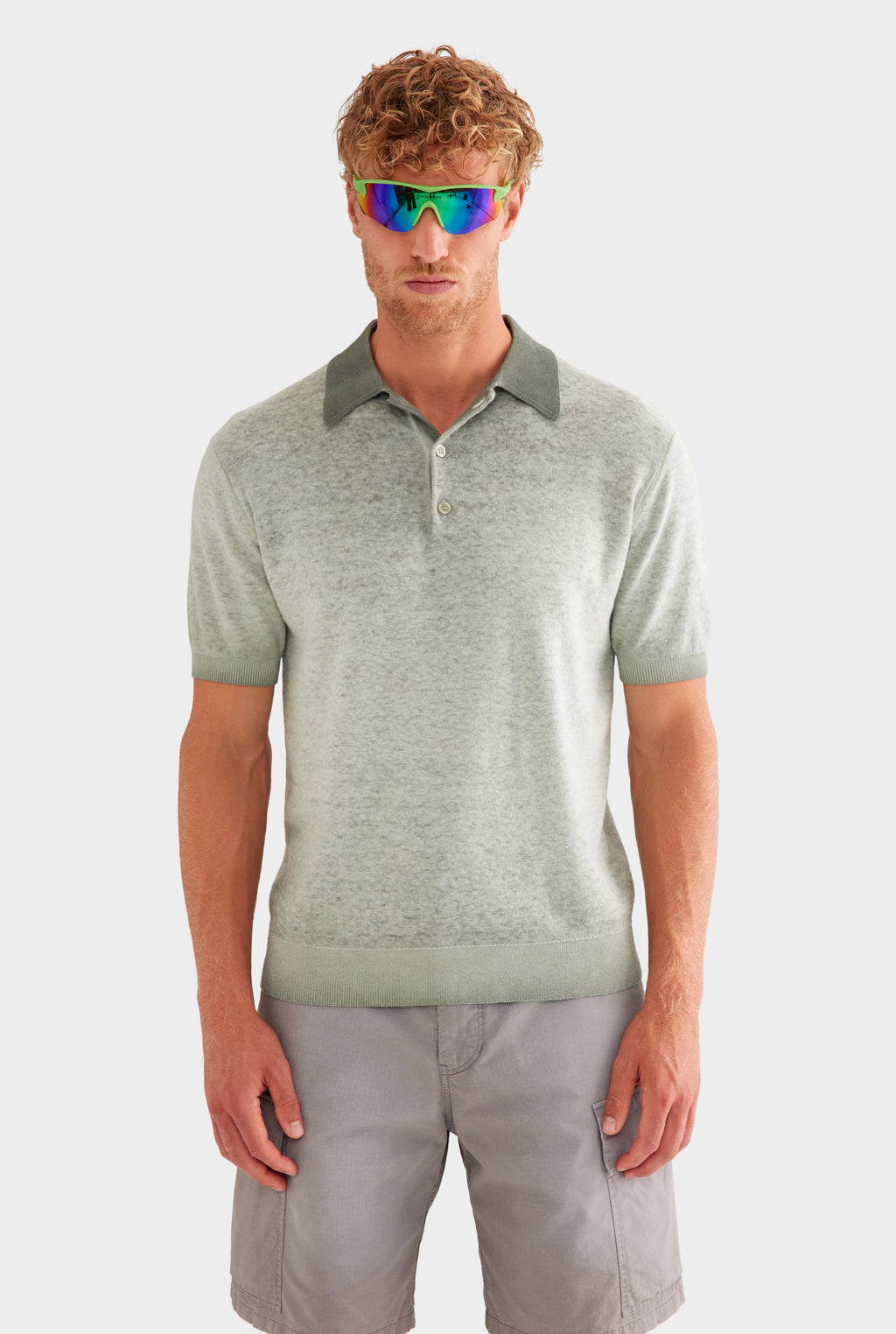 Reverse Printed Knit Polo - Washed Olive