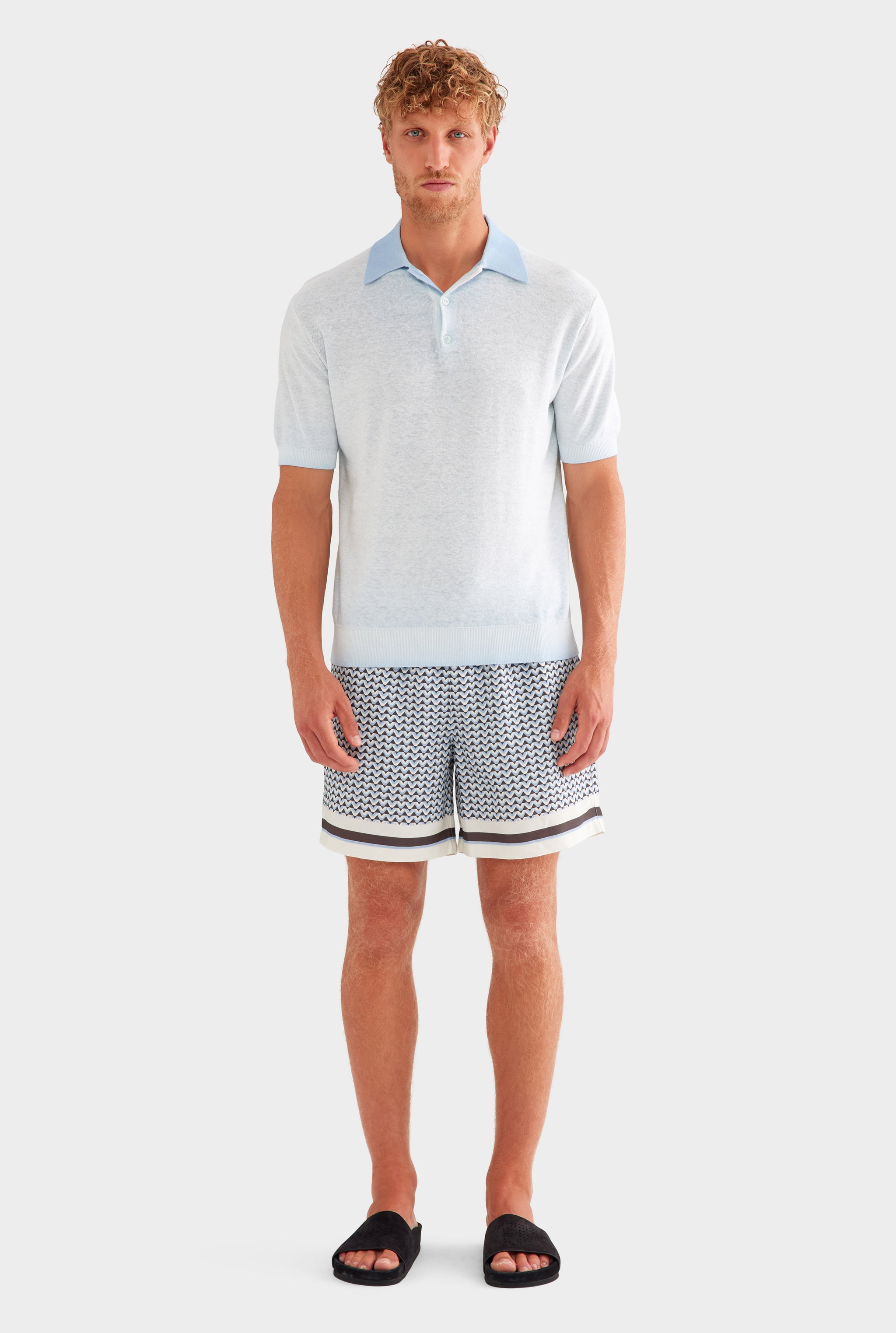Reverse Printed Knit Polo - Washed Powder Blue