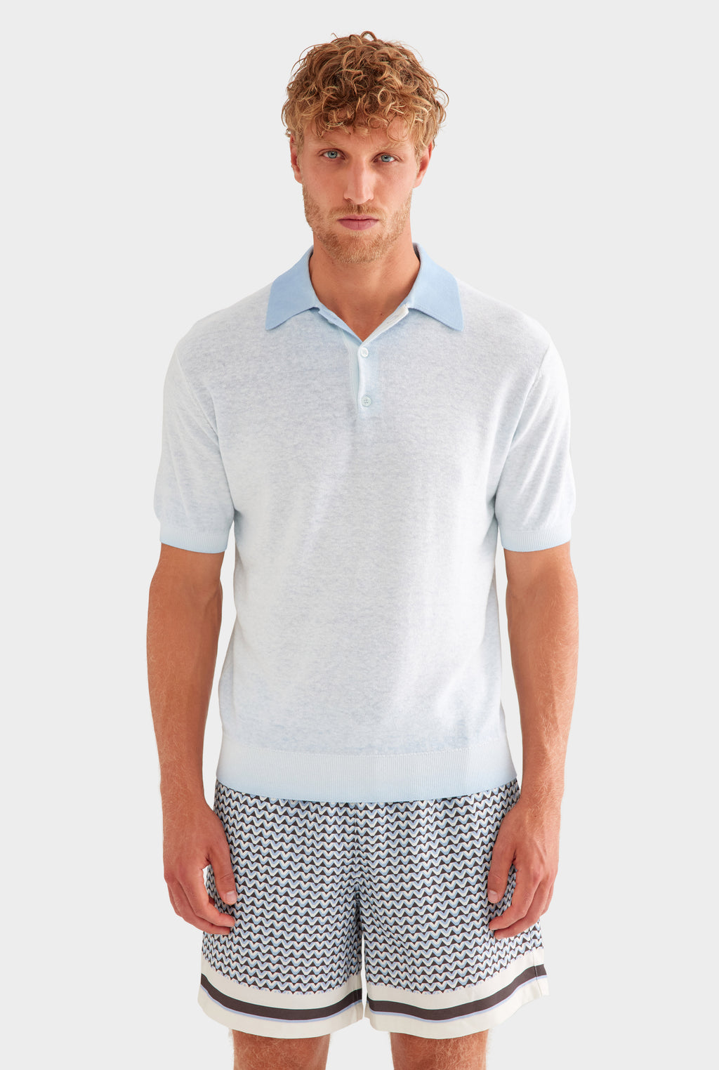 Reverse Printed Knit Polo - Washed Powder Blue