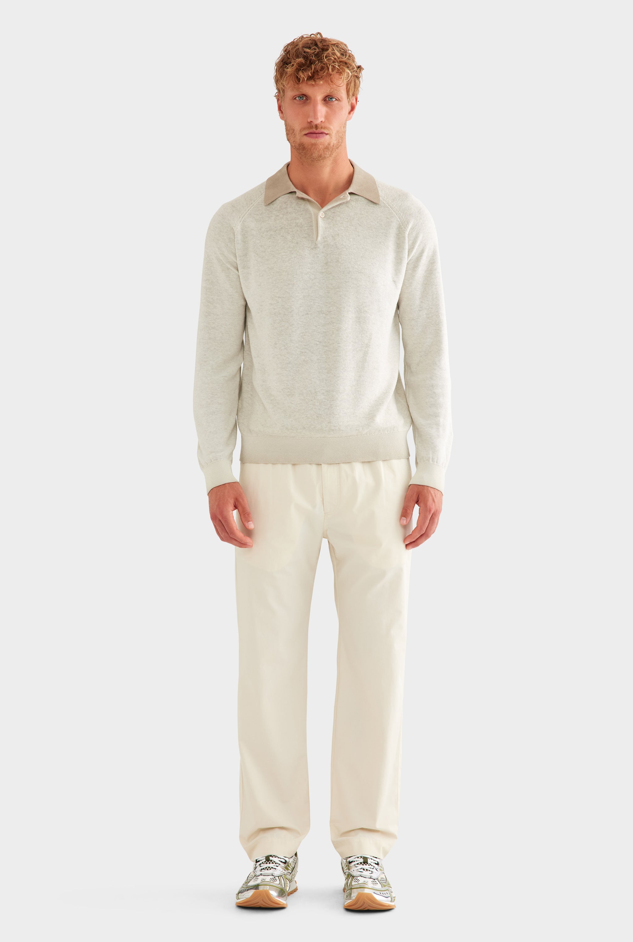 Reverse Printed Long Sleeve Knit Polo - Washed Beige