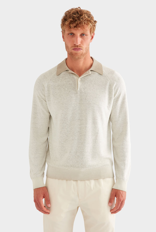 Reverse Printed Long Sleeve Knit Polo - Washed Beige