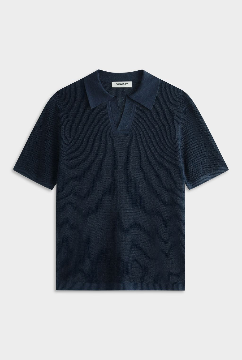 Rib Knit Open Neck Polo - Navy