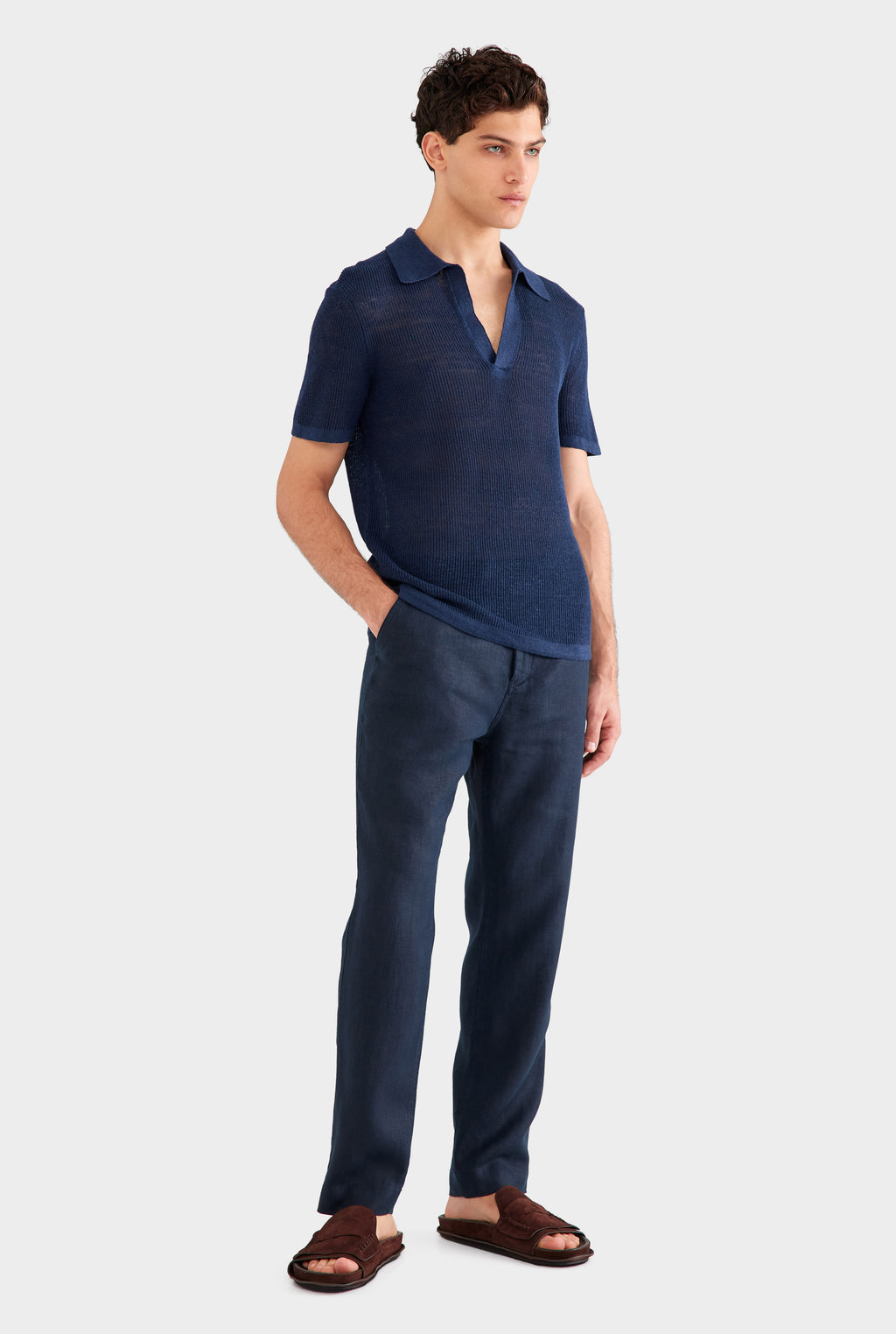 Rib Knit Open Neck Polo 2.0 - Navy