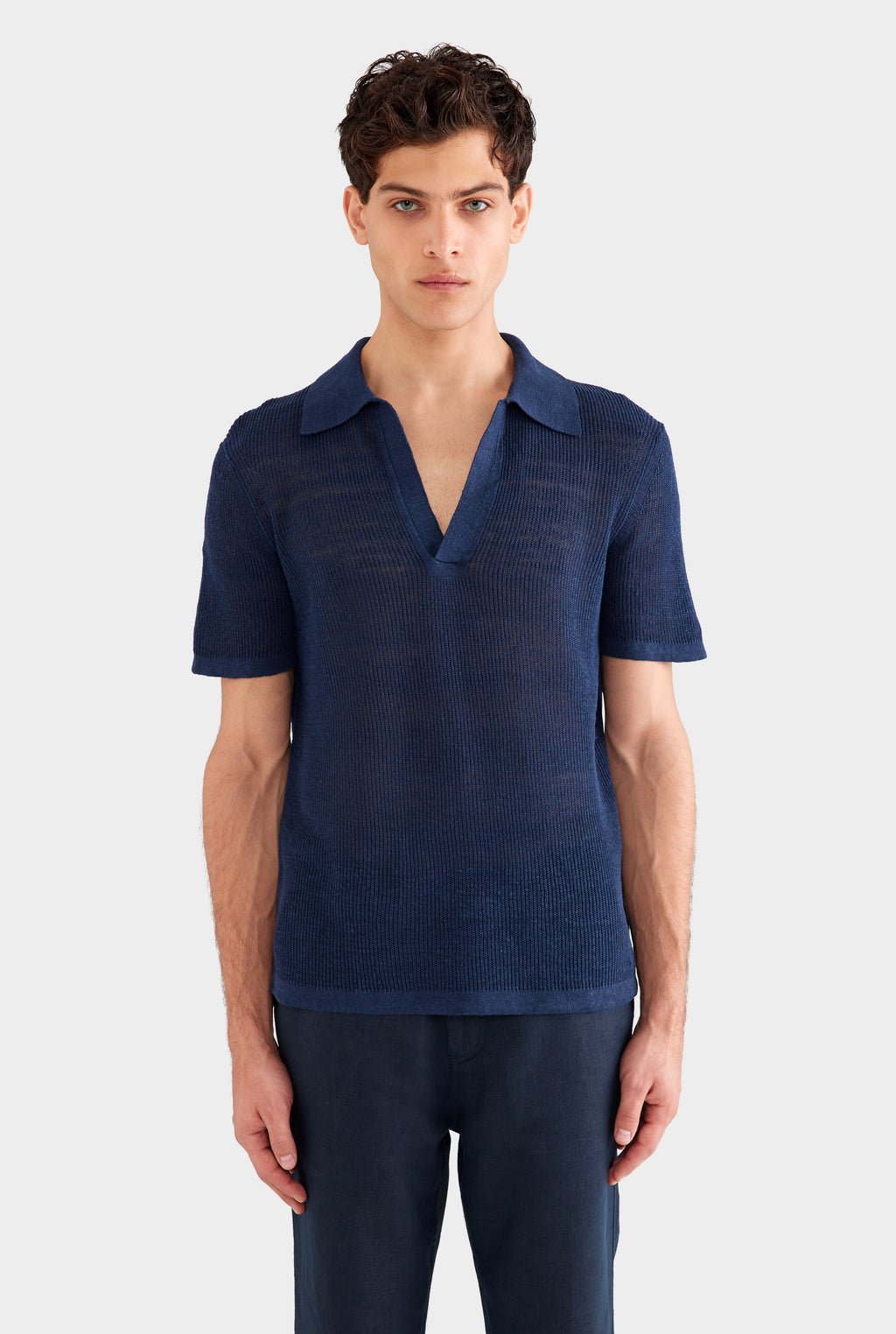 Rib Knit Open Neck Polo 2.0 - Navy