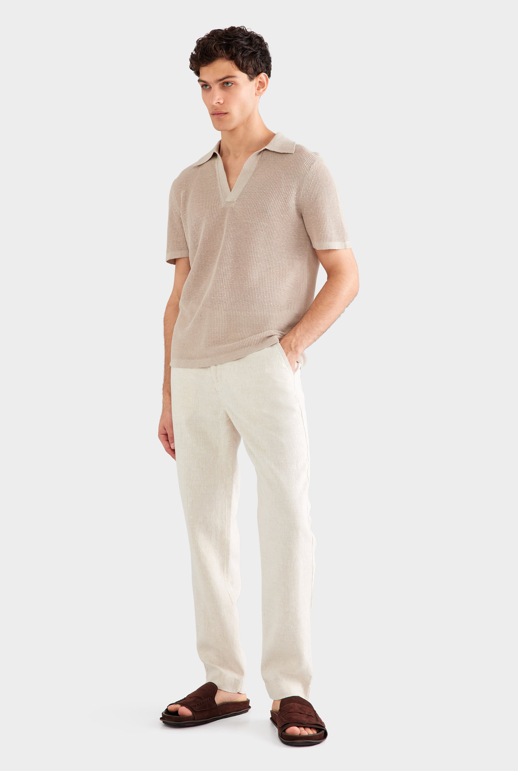 Rib Knit Open Neck Polo 2.0 - Taupe