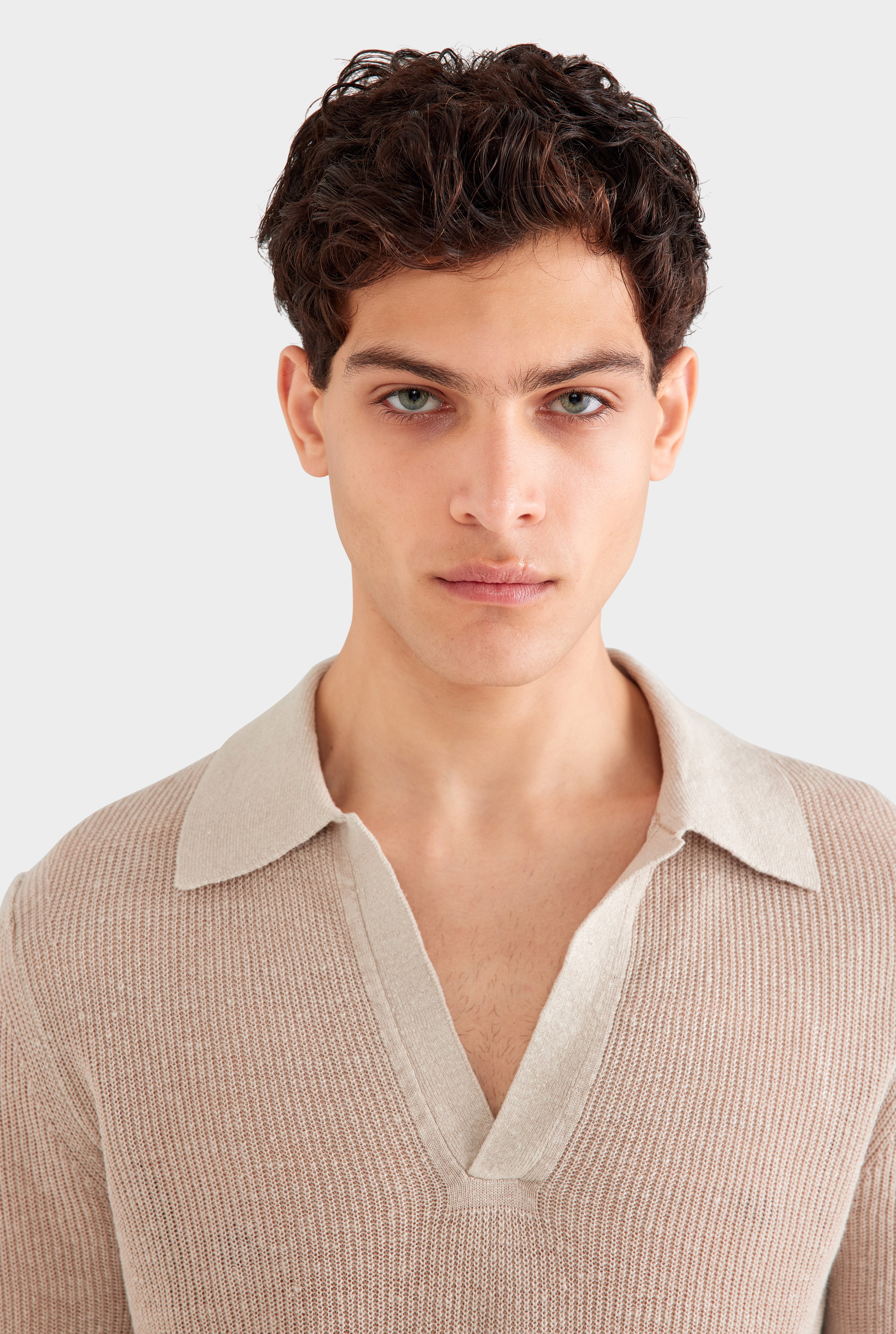 Mens Rib Knit Open Neck Polo in Taupe 2.0 | Venroy – VENROY