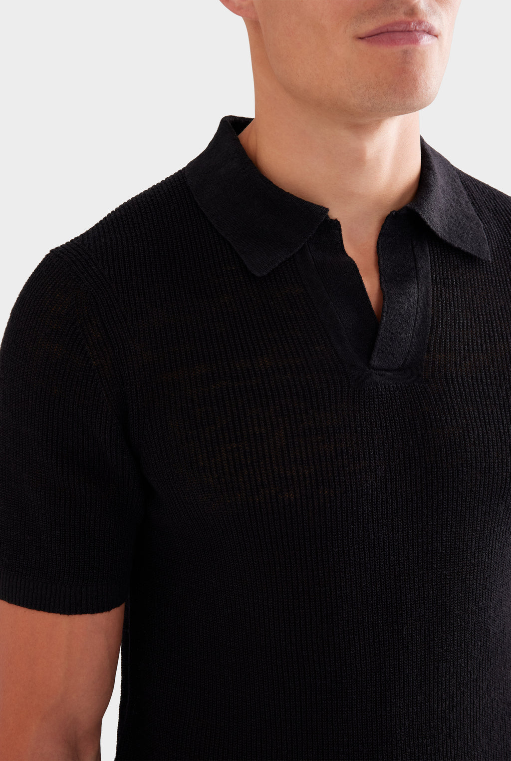Rib Knit Open Neck Polo - Black