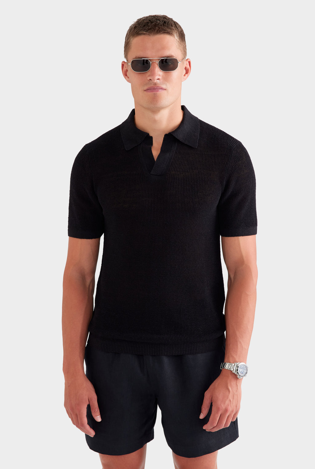 Rib Knit Open Neck Polo - Black