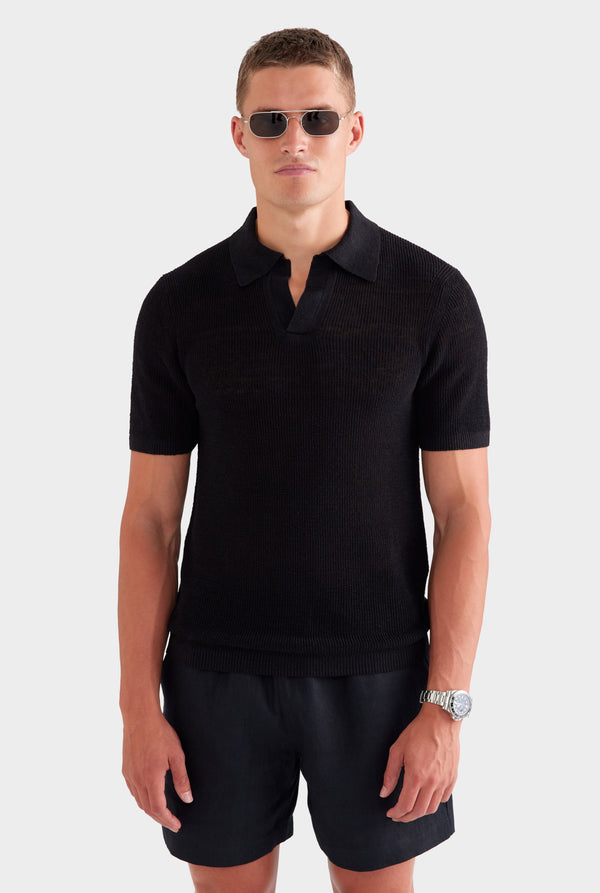 Rib Knit Open Neck Polo - Black