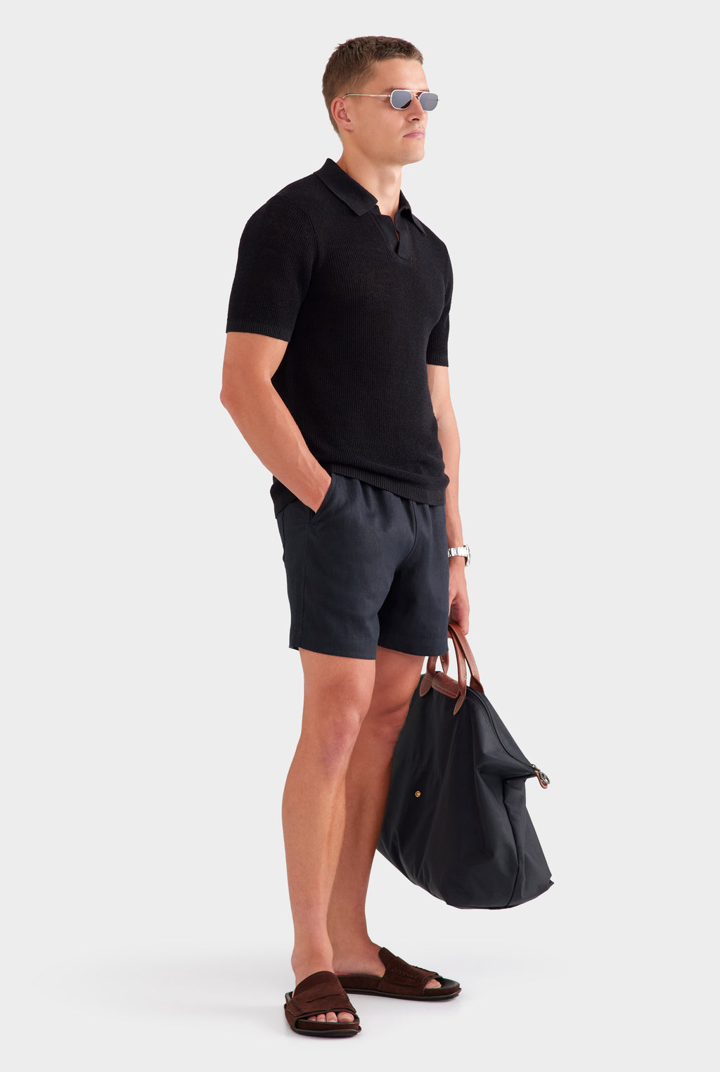 Rib Knit Open Neck Polo - Black