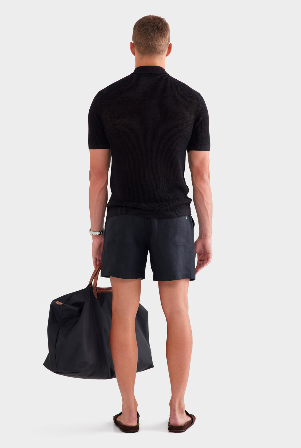 Rib Knit Open Neck Polo - Black