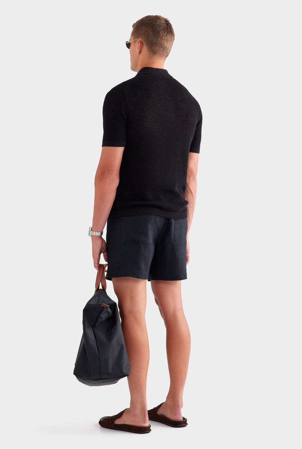 Rib Knit Open Neck Polo - Black