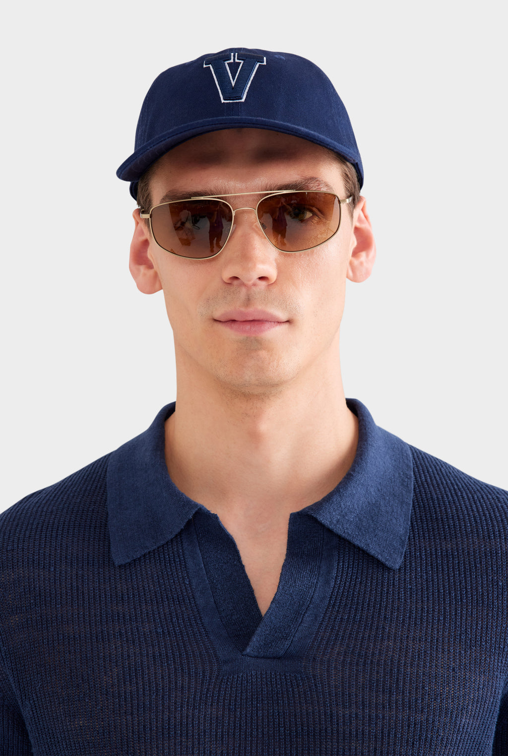 Rib Knit Open Neck Polo - Navy