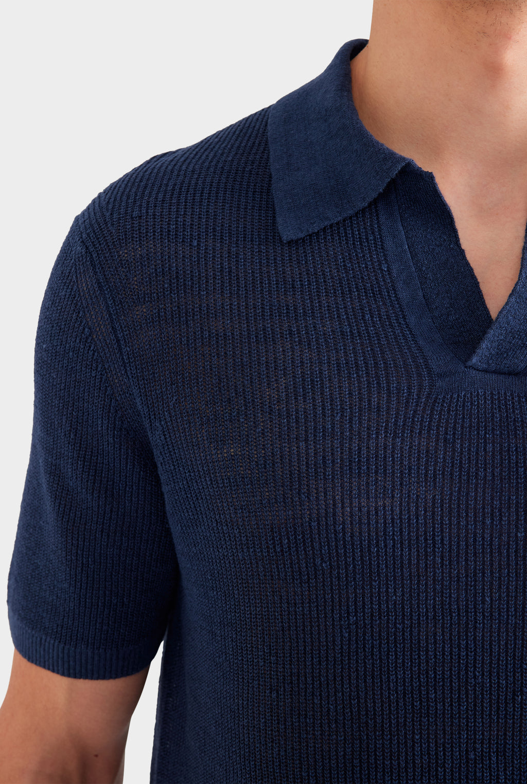 Rib Knit Open Neck Polo - Navy