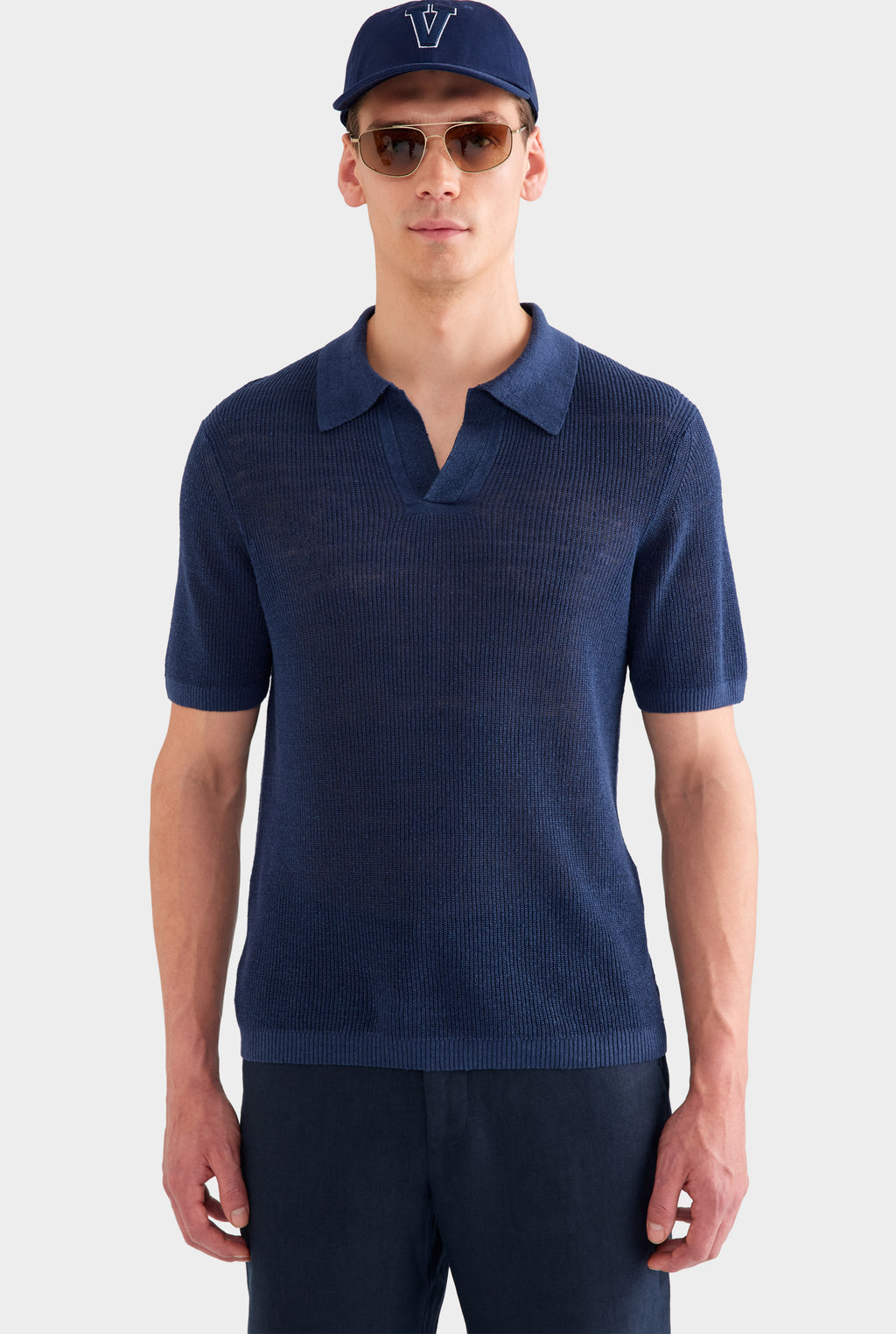 Rib Knit Open Neck Polo - Navy