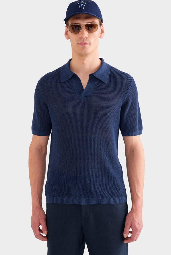 Rib Knit Open Neck Polo - Navy
