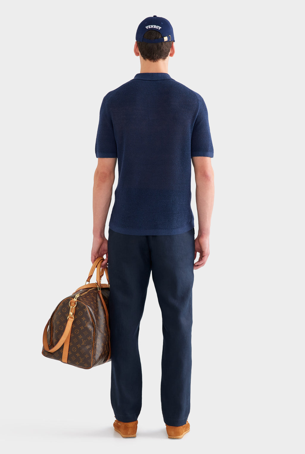 Rib Knit Open Neck Polo - Navy