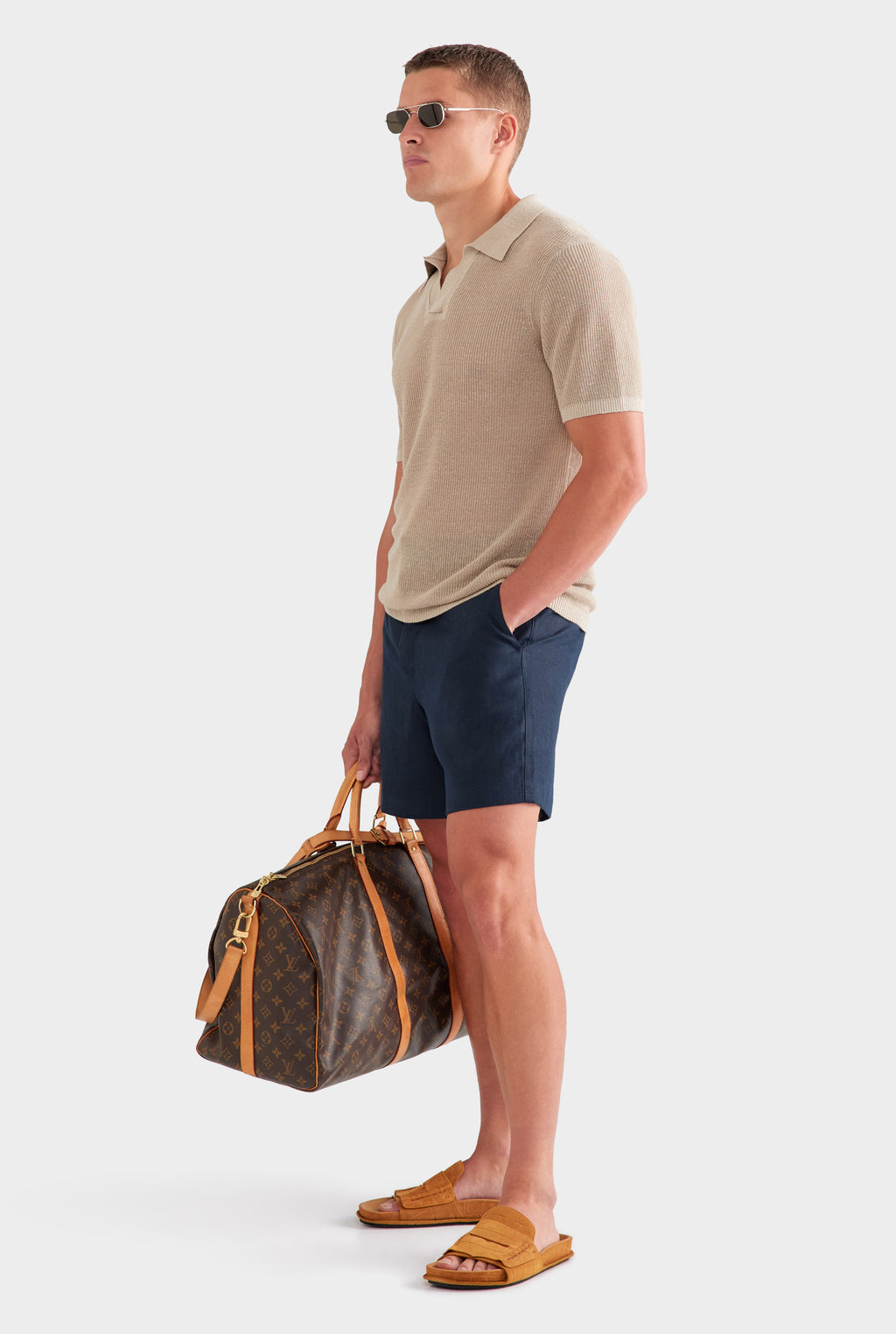 Rib Knit Open Neck Polo - Taupe