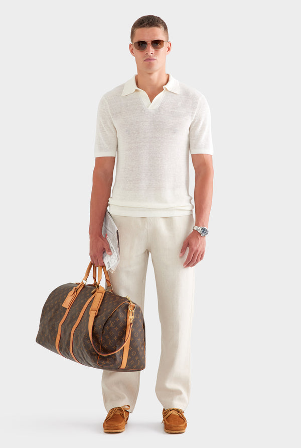 Rib Knit Open Neck Polo - White