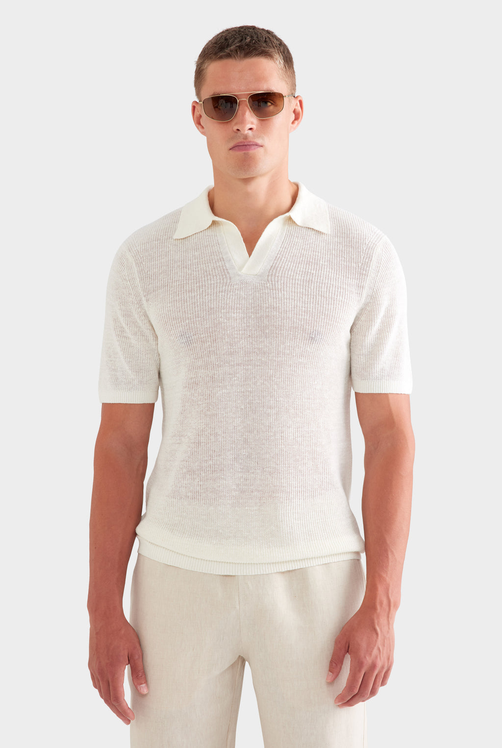 Rib Knit Open Neck Polo - White