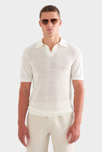 Rib Knit Open Neck Polo - White
