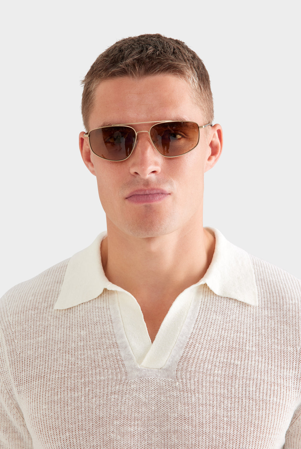 Rib Knit Open Neck Polo - White