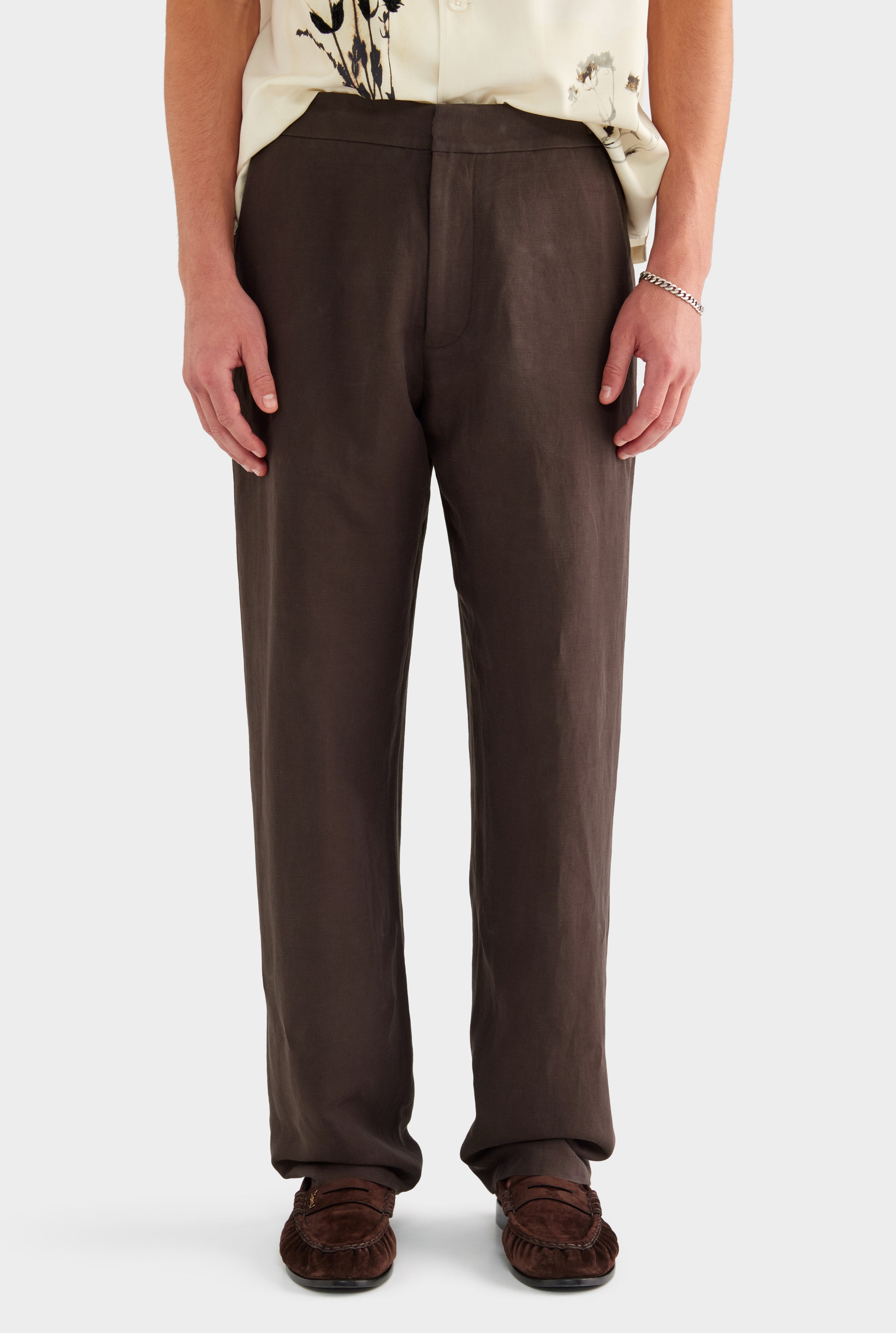 Silk Linen Side Tab Trouser - Dark Chocolate