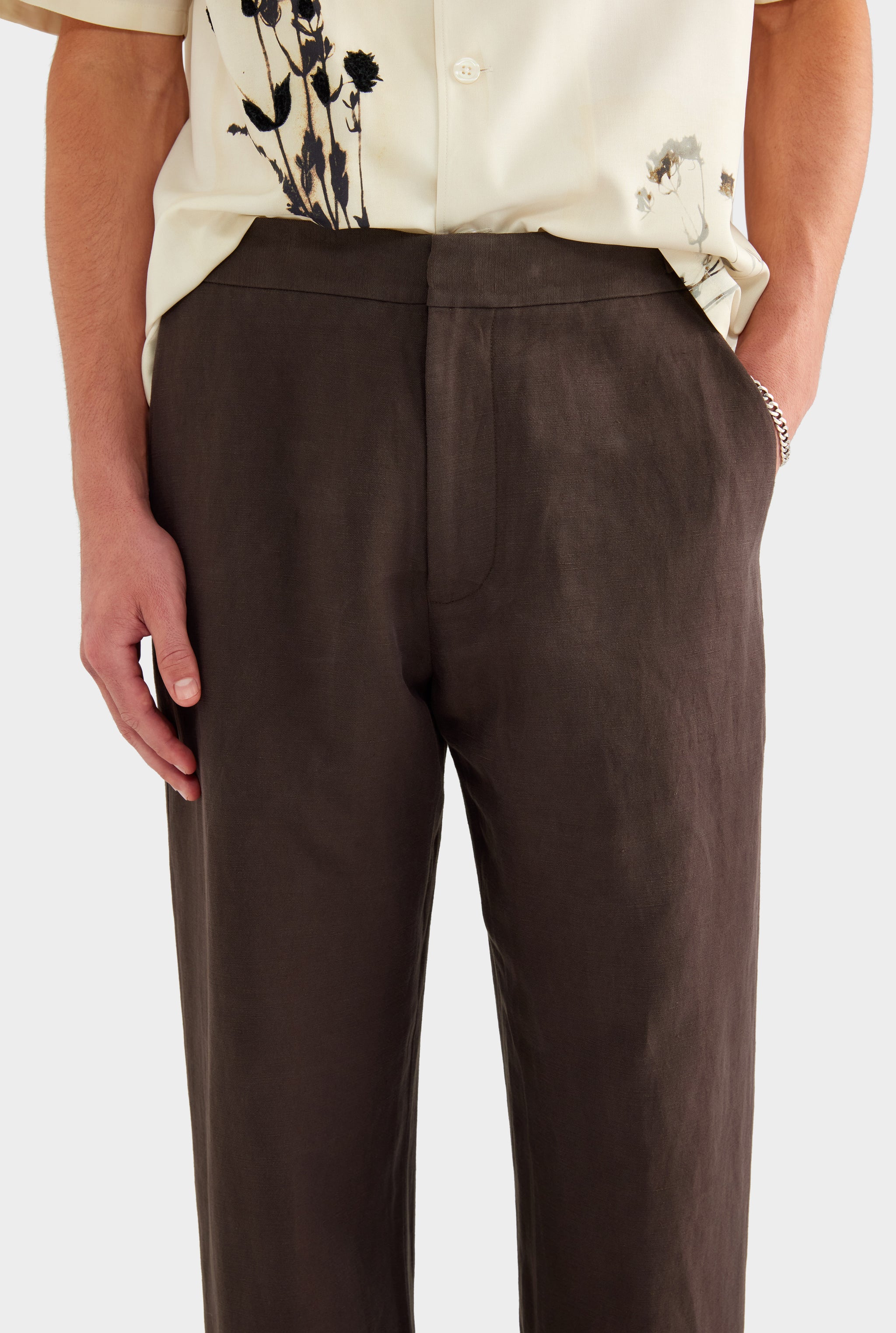 Silk Linen Side Tab Trouser - Dark Chocolate